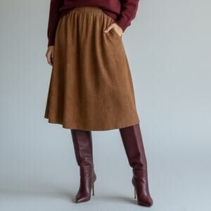 Vintage Apostrophe Brown Suede Midi Skirt Small Elastic Waist Fully Lined 80s 90